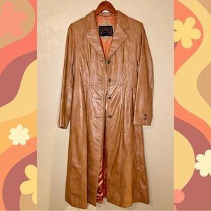1970s Casablanca Brand Cognac Brown Leather Trench Coat